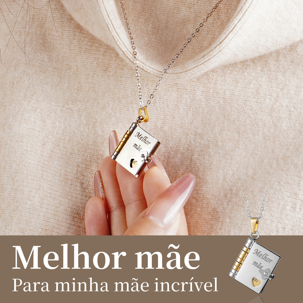 Colar Feminino Aço Inoxidável Pingente de Livro Com Coração Gravado Letras Envelope Carta de Mae Delicado Presente