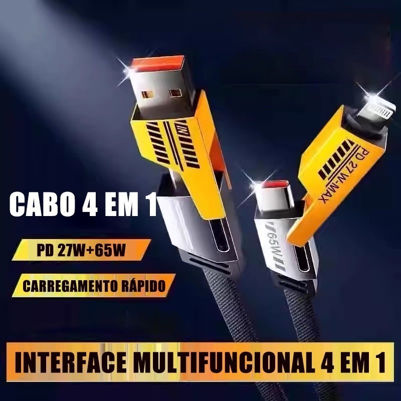 Cabo Turbo Carregamento Rápido 4 em 1 65W/27W Cabeça de Metal Revestimento de Nylon 1 metro em Oferta na Shopee