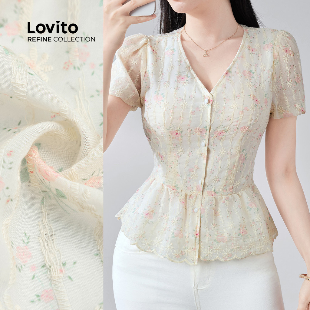 (Lovito Refine)  Blusa Boho Plissada Dupla Camada para Primavera/verão para Mulheres LR29E048 em Oferta na Shopee