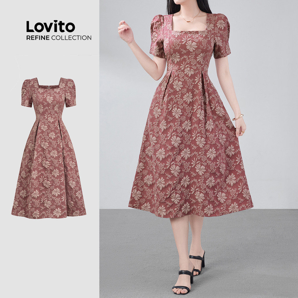 (Lovito Refine)  Vestido Elegante Textura Jacquard Exquisito Primavera/verão Cinza Azul para Mulheres LR29E065 em Oferta na Shopee