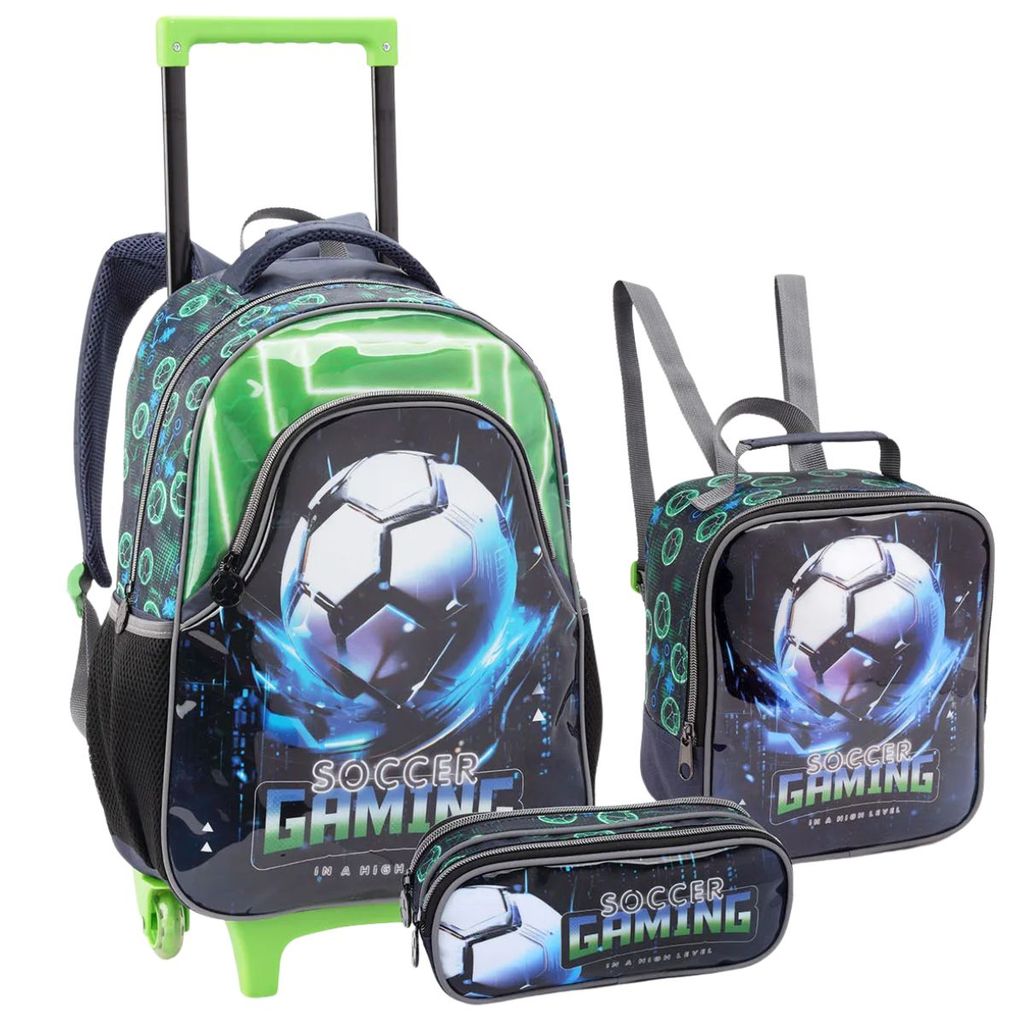 Kit Mochila Rodinha Lancheira Estojo Esporte Escolar Infantil Menino Bola Futebol Seanite