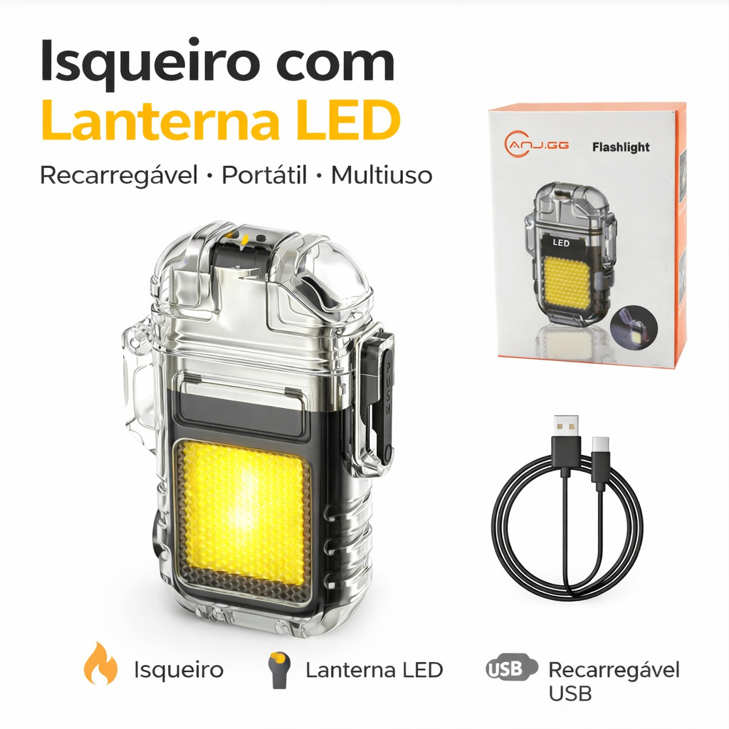 Isqueiro com Lanterna LED Recarregável USB Portátil Multiuso para Camping Emergência