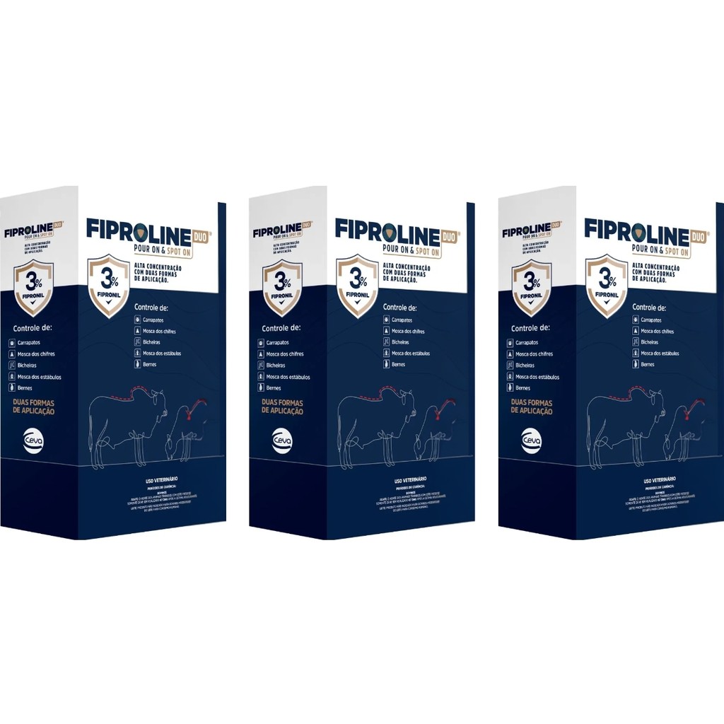Fiproline Duo Pour On e Spot On 250ml - Ceva - 3 Unidades