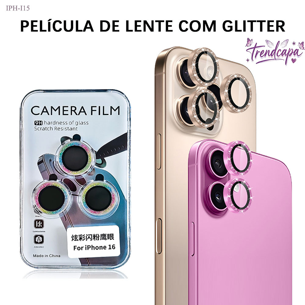 Película de Lente de Câmera com Strass Para Anti-Arranhão iPhone 17 16 15 14 13 12 11 16E 17E Pro Plus Max Mini M007