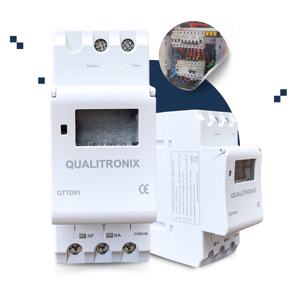 Timer Digital Para Trilho Din 35mm Temporizador Qualitronix Modelo QTTD01 Residencial Industrial