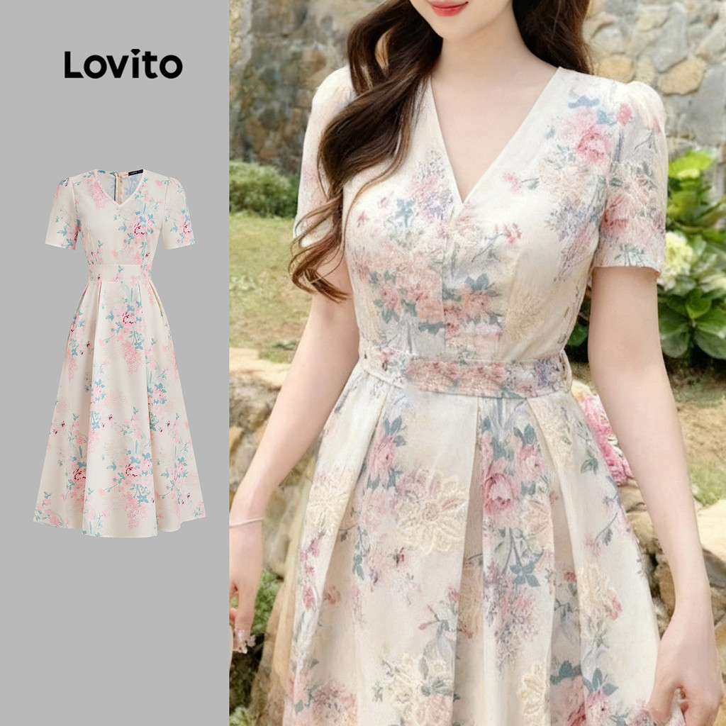 Lovito Vestido Feminino Elegante Flores Requintado Vestido Primavera/Verão LK2ED1402