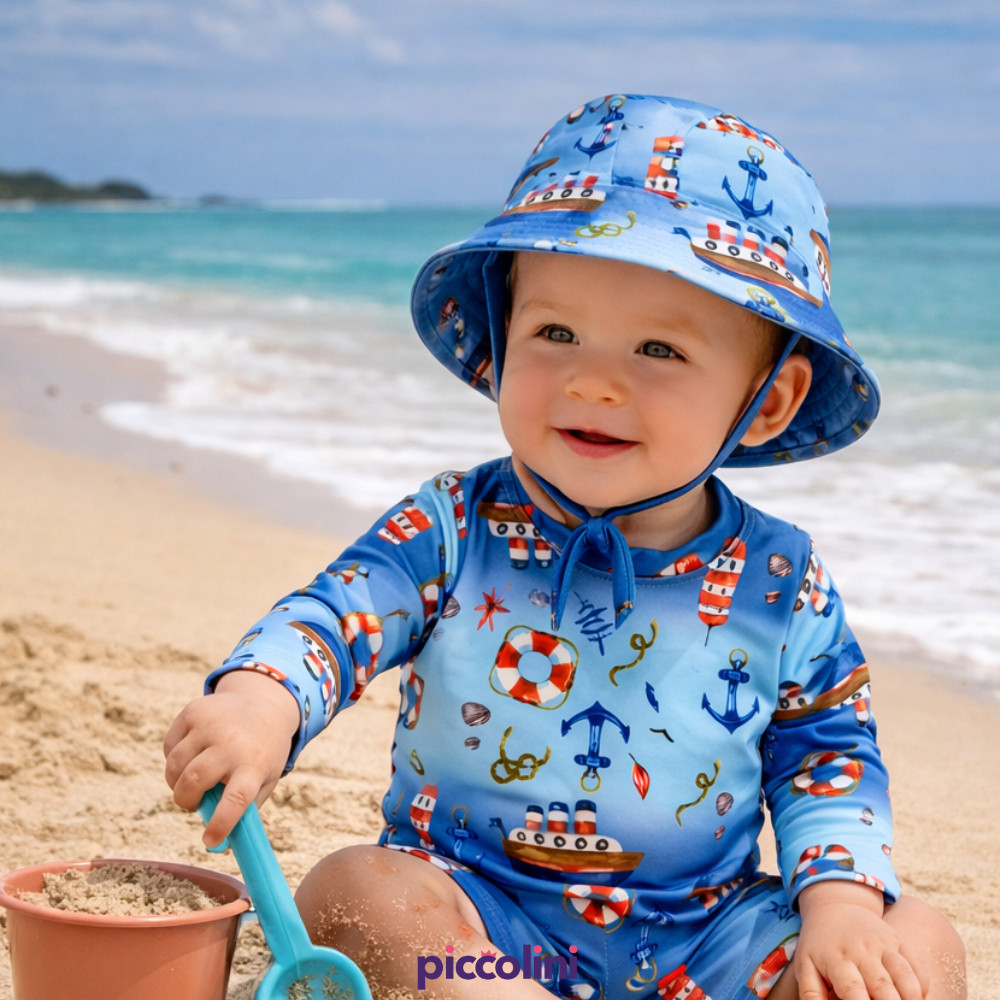 Kit Macacão + Chapéu Estampado Proteção Solar UV50+ Praia Verão Menino/Menina Roupa de Banho