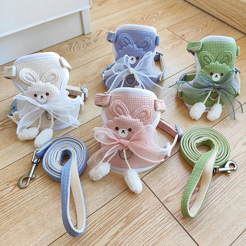 Coleira Peitoral Fofa para Cachorro e Gato com Guia Tipo Colete Ajustável para Pets Pequenos