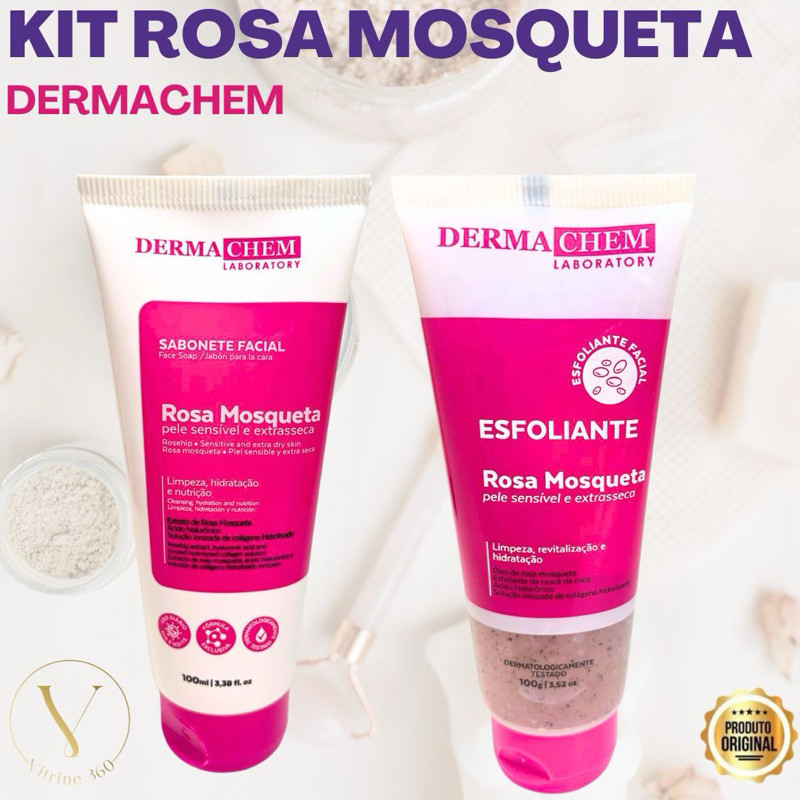 Kit Rosa Mosqueta Dermachem Sabonete Facial + Esfoliante 100g Limpeza Pele em Oferta na Shopee