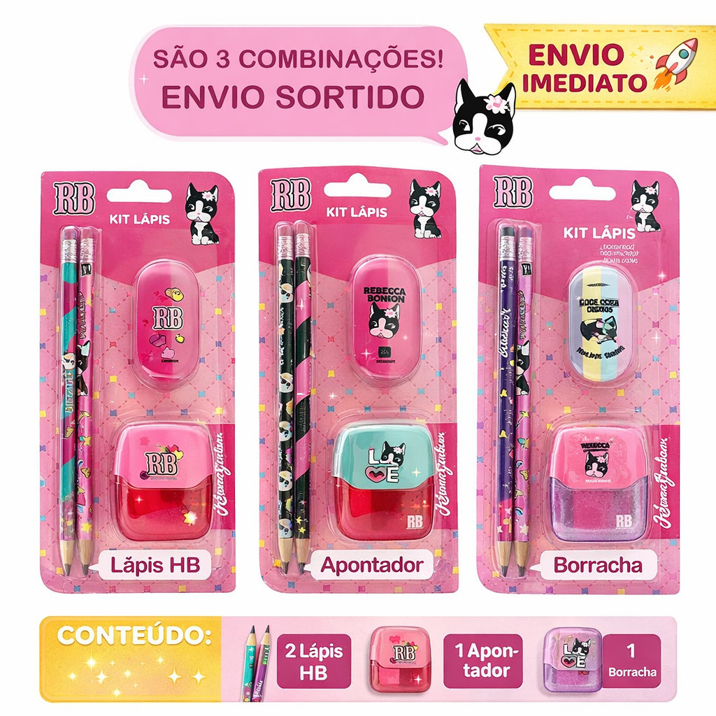 Kit Escolar Material Com 2 Lápis Borracha e Apontador Rebecca Bonbon em Oferta na Shopee