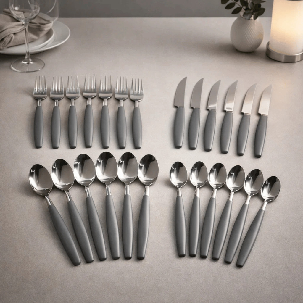 Jogo Talheres 24 Peças Cinza Inox - L&T Utilidades / Mesa Jantar Completo Utensílios Kit Conjunto