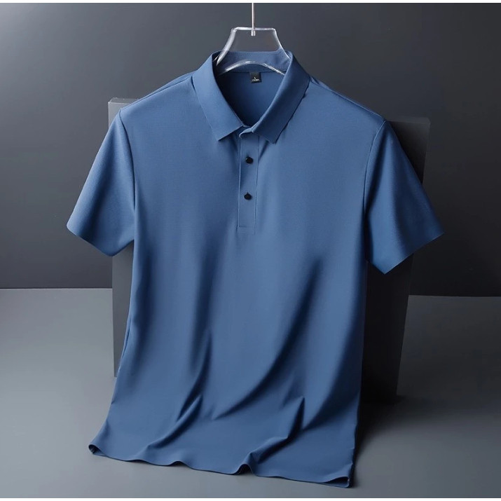 Camisa De Seda Para Homens De Negócios Leve Manga Curta Não-Iron High-End Casual POLO Sem Costura