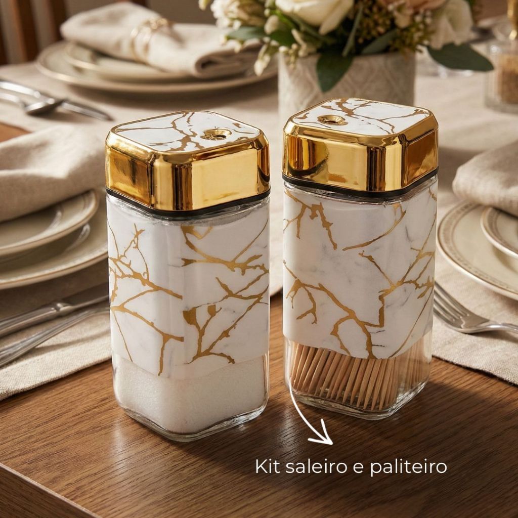 Kit Saleiro Luxo Paliteiro Pimenteiro Dourado Branco Preto em Oferta na Shopee