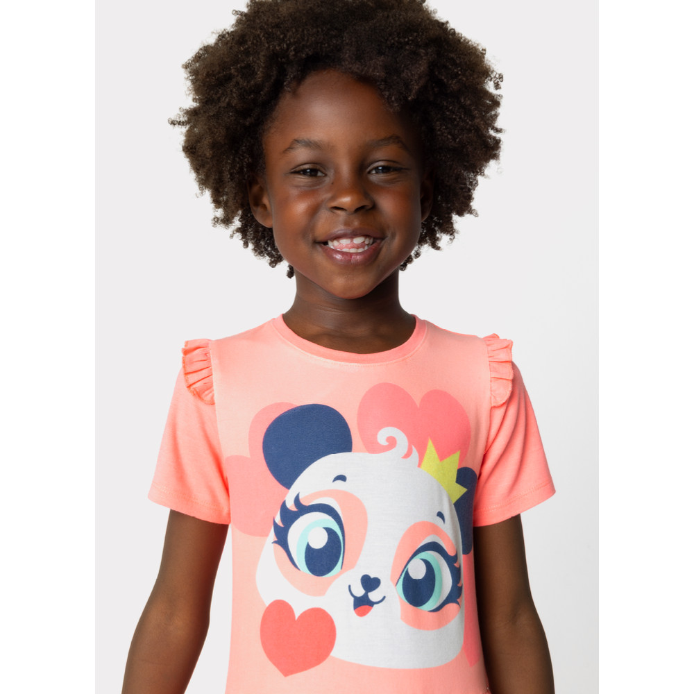 Camisola Manga Curta Menina Panda Romântico - Puket