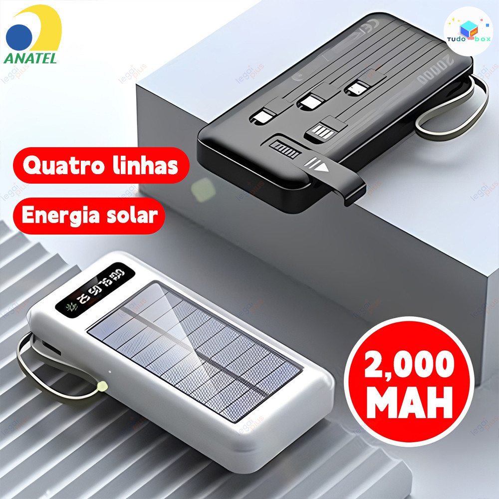 Power Bank Solar Portátil 20000mAh com 5 Cabos Inclusos e Luz LED