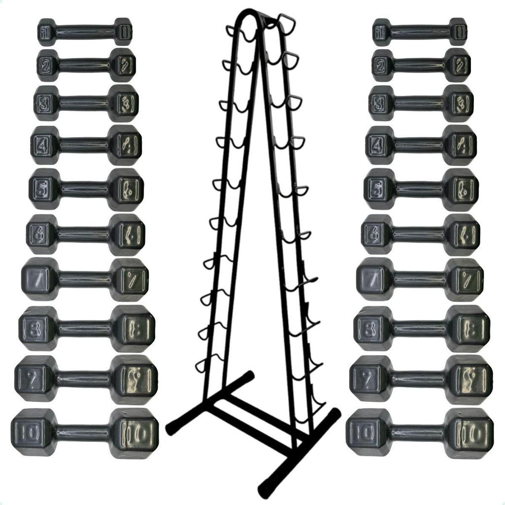 Torre Suporte + Halteres Sextavado Emborrachados - Pares de 1 a 10 Kg