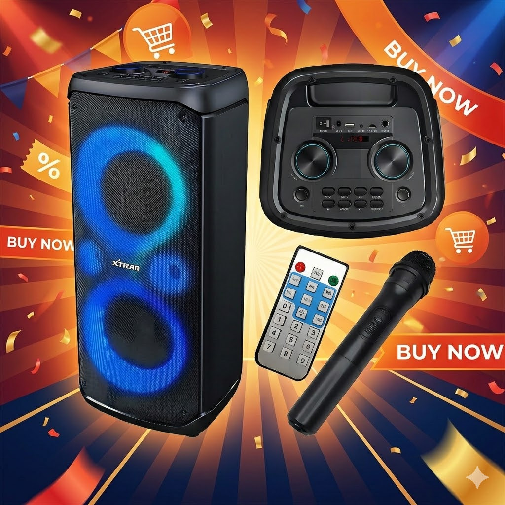 Aparelho de Som Portátil para Festa com Bluetooth, Luz LED Multicor e Microfone Sem Fio – Preto