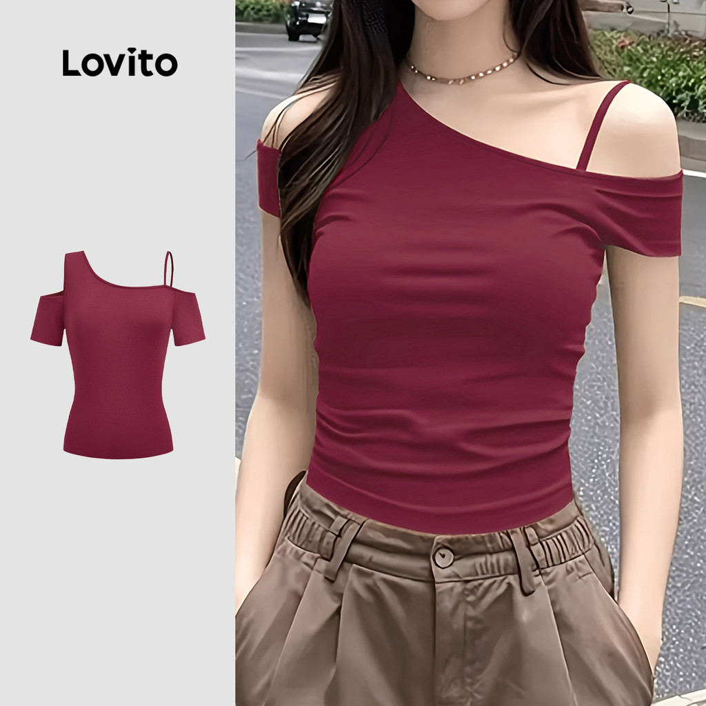 Lovito  Camiseta Casual Assimétrica Corte Vazado Lazer Primavera/verão Vinho Tinto para Mulheres. L172ED897 em Oferta na Shopee