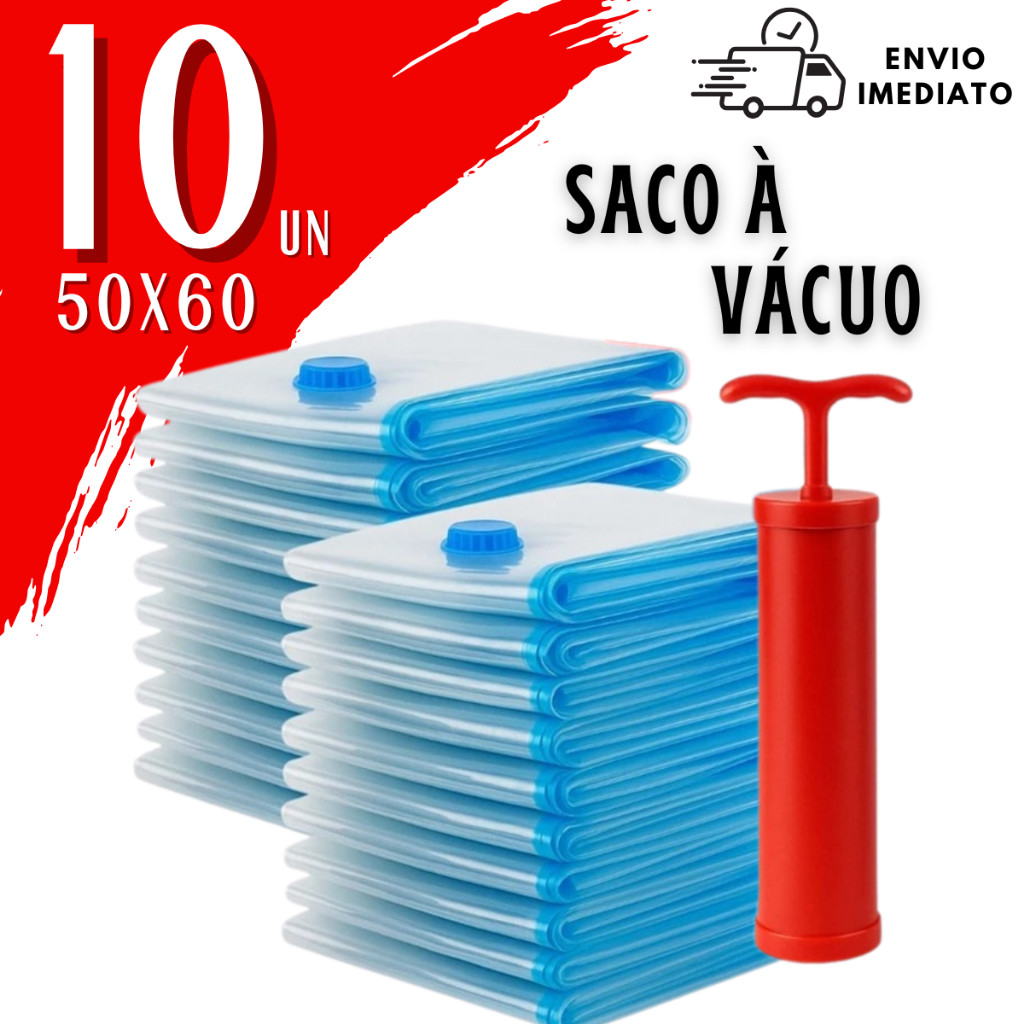 Imagem Kit 10 Sacos a Vácuo 50x60 + Bomba Manual MyLittleTricks | Organiza Roupas, Cobertor, Mala de Viagem