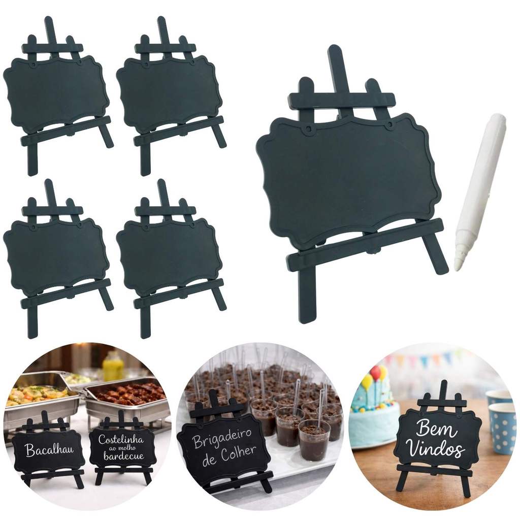 Kit 5 Mini Cavalete Preto Lousa Centro Mesa Cardápio Festa