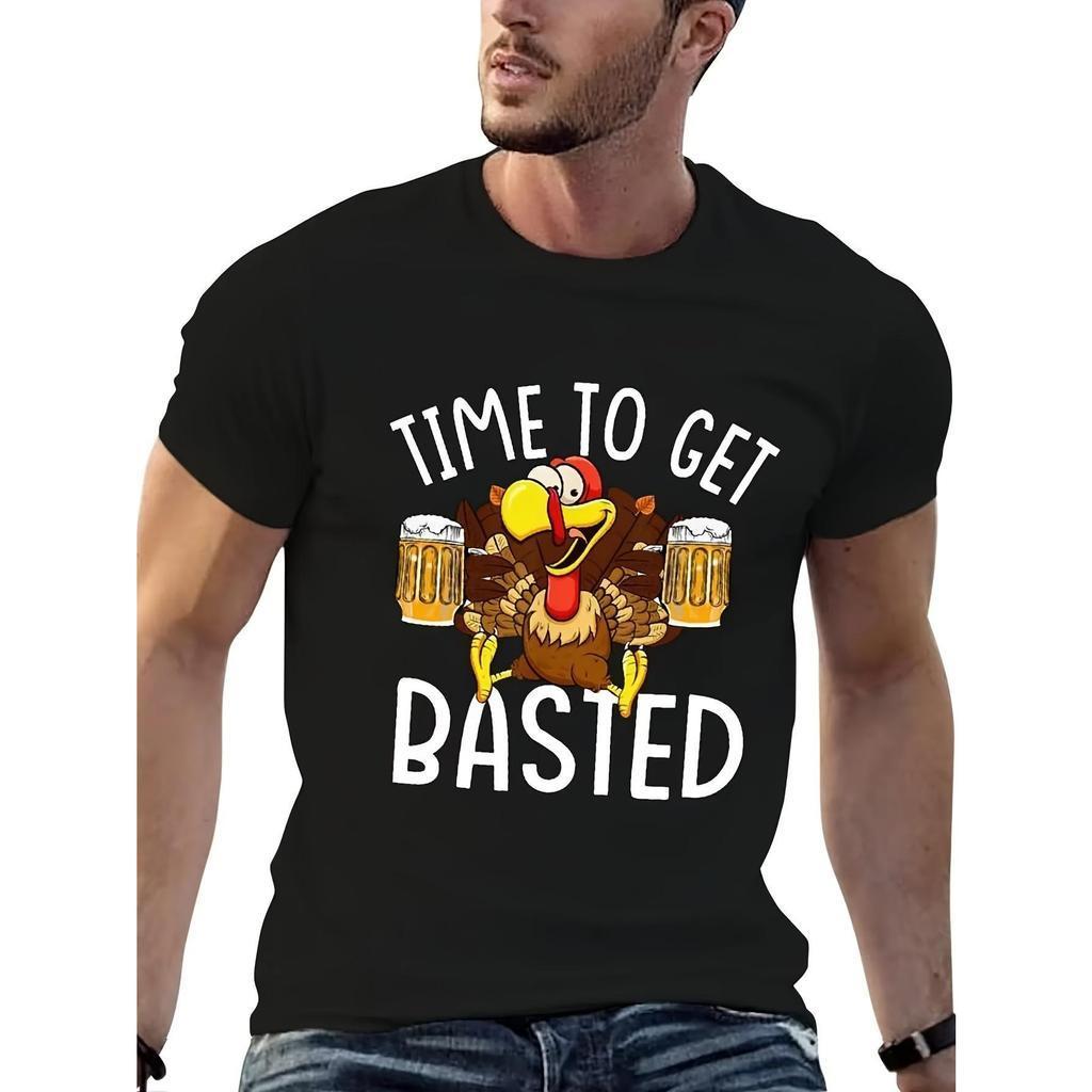 T-shirt gráfica engra?ada para homem "Time to Get Basted" - Manga curta preta, design casual de cerveja e peru, ajuste r