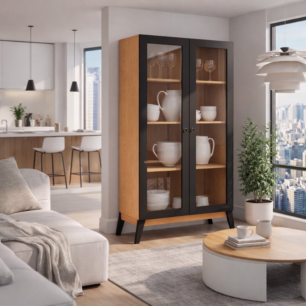 Cristaleira Estante Duas Portas de Vidro Pés em Madeira Maciça Cinamomo/Preto