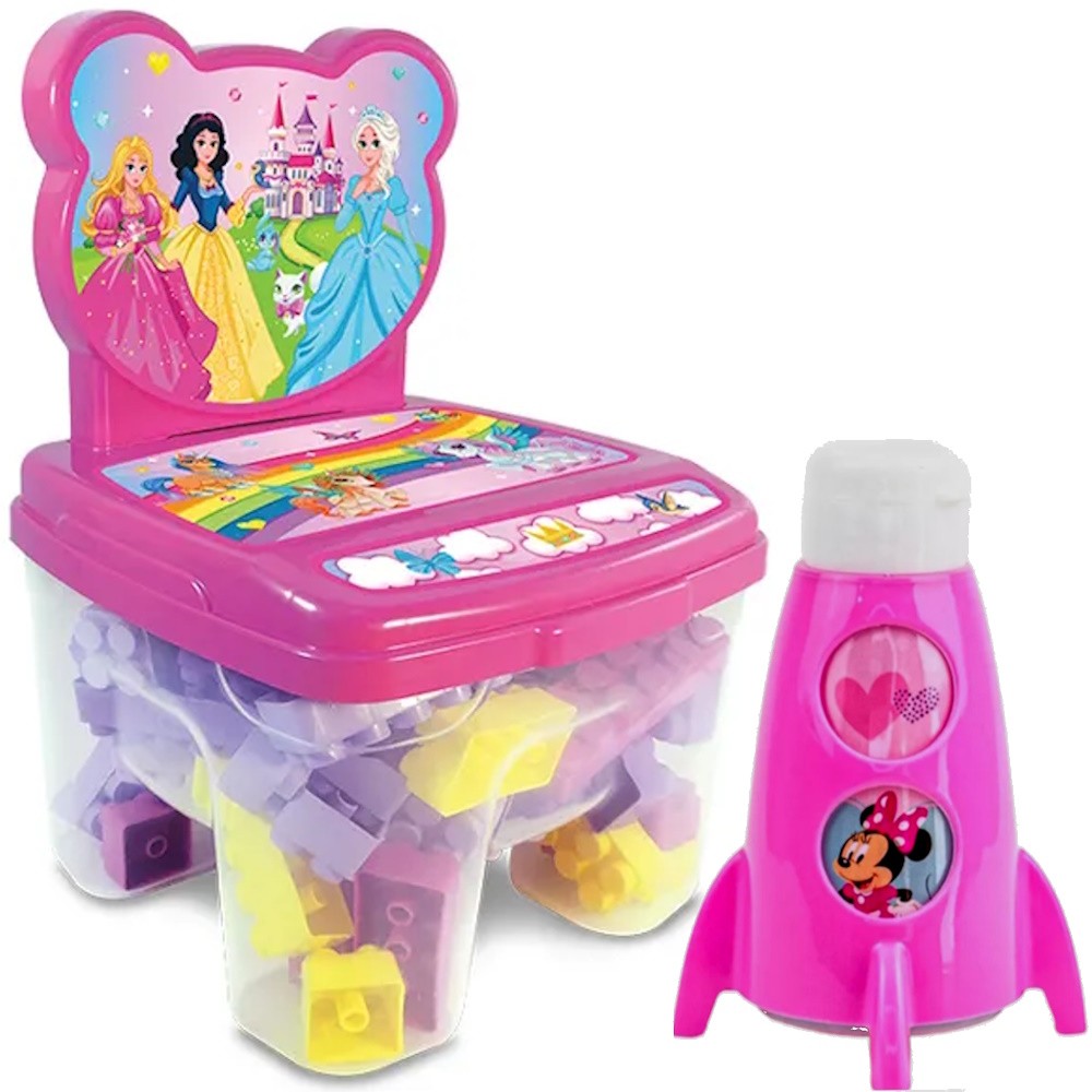 Kit Brinquedo Cadeira 24 Blocos de Montar Garrafa Minnie