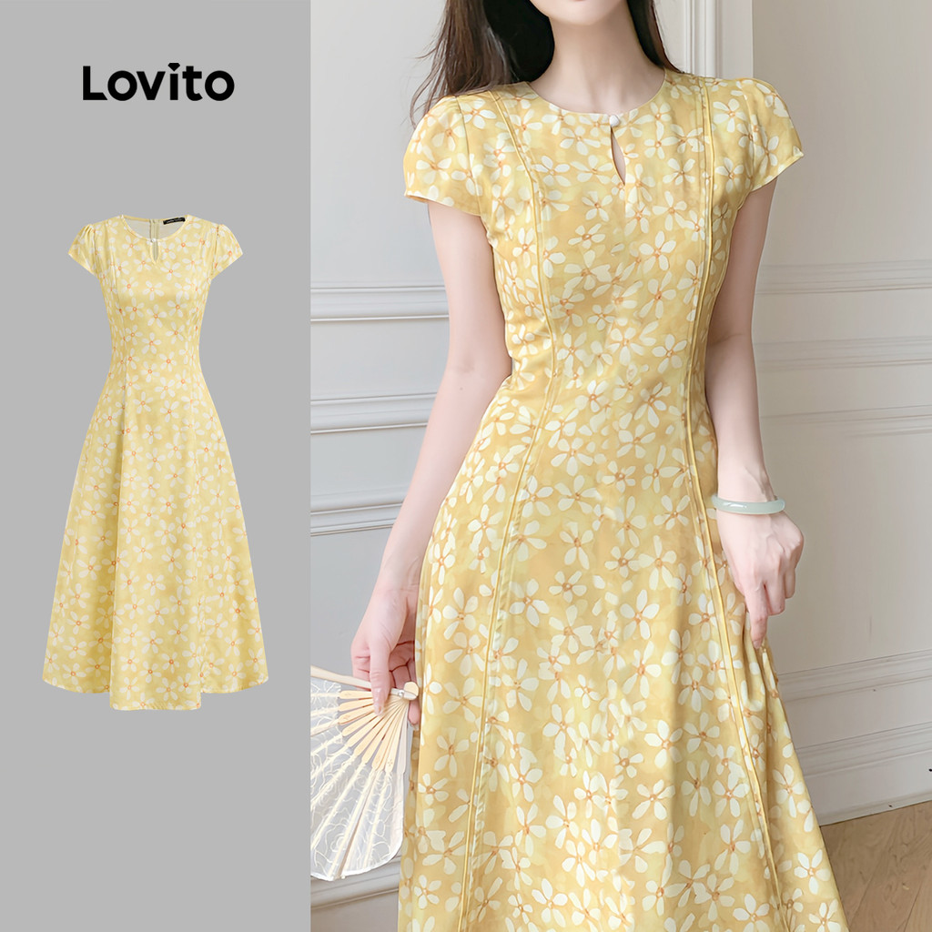 Lovito Vestido Boho Pregueado Primavera/verão Vestido Amarelo para mulheres L142ED048 em Oferta na Shopee