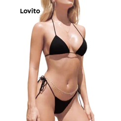 Lovito Férias Conjuntos De Biquíni Glamouroso Conjuntos De Biquíni Lisos Com Cadarço Para Mulheres Bordado LNE48392
