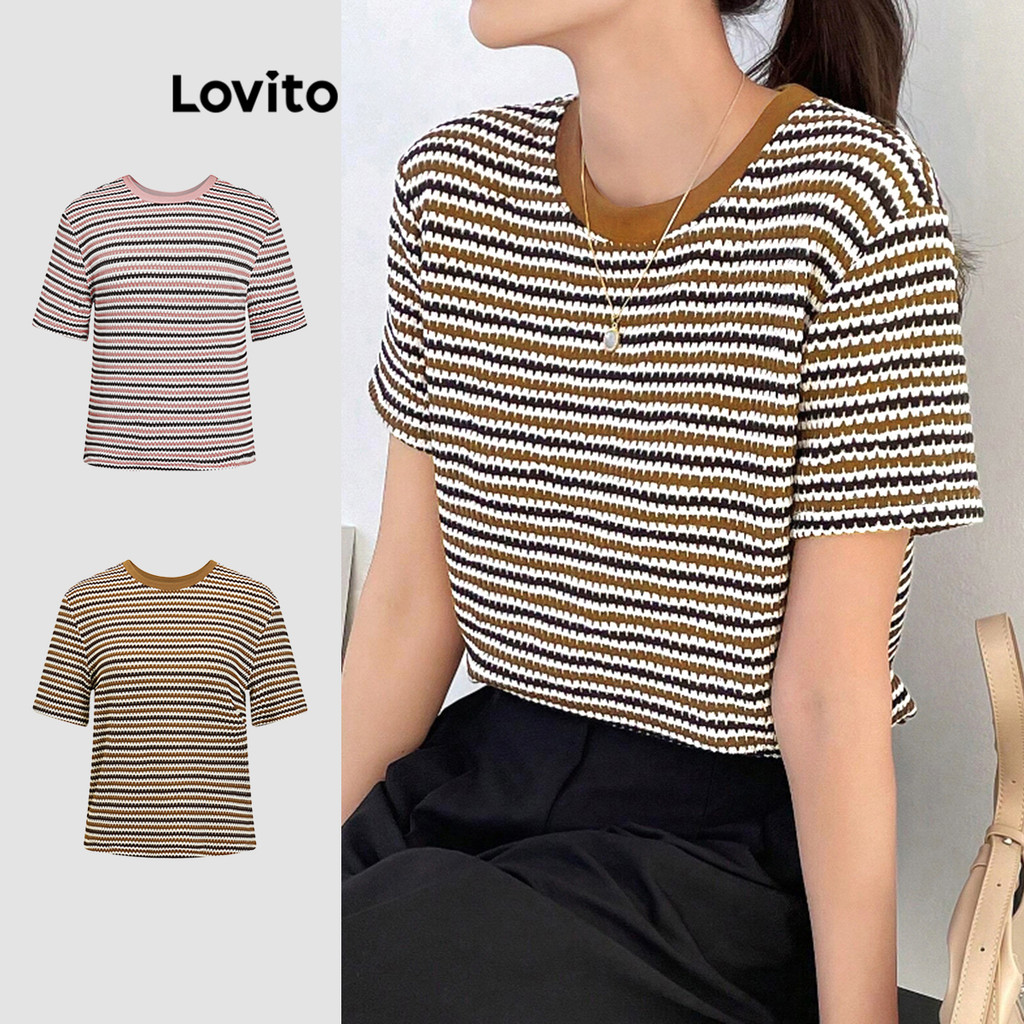 Lovito Camiseta Casual Listrada Com Padrão Plissado Para Mulheres L89ED062 (Multicolorido)