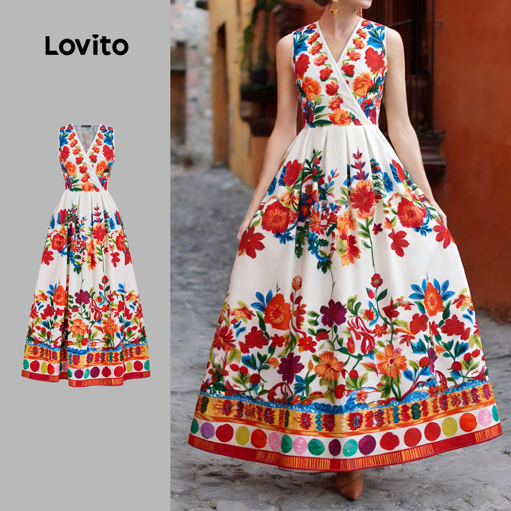 Lovito Vestido Boho Flores Estrutura Linha Vestido Primavera/verão para Mulheres L170ED106