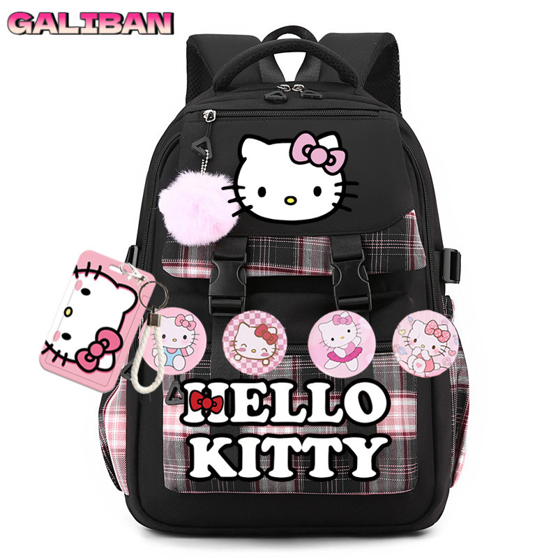 Nova mochila fofa da Hello Kitty para estudantes masculinos e femininos com porta-cartões, mochila escolar confortável.