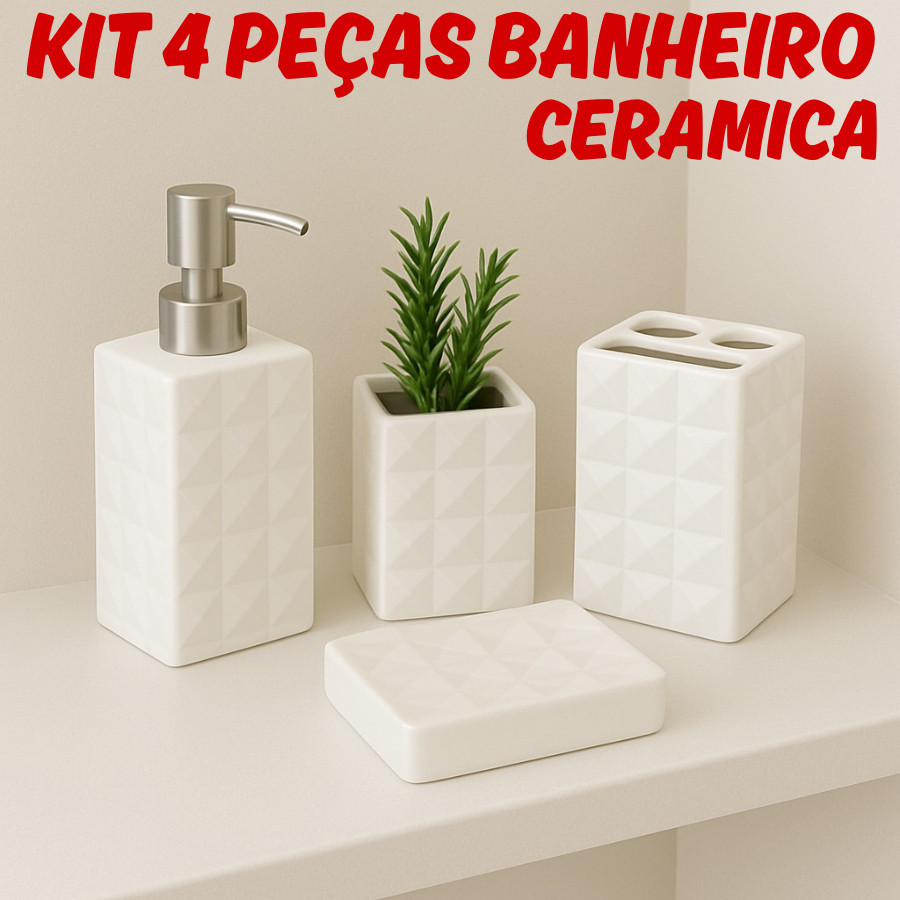 Kit Banheiro 4 Peças Textura Diamante Ceramica Porta Escova Dente Porta Sabonete Líquido Saboneteira