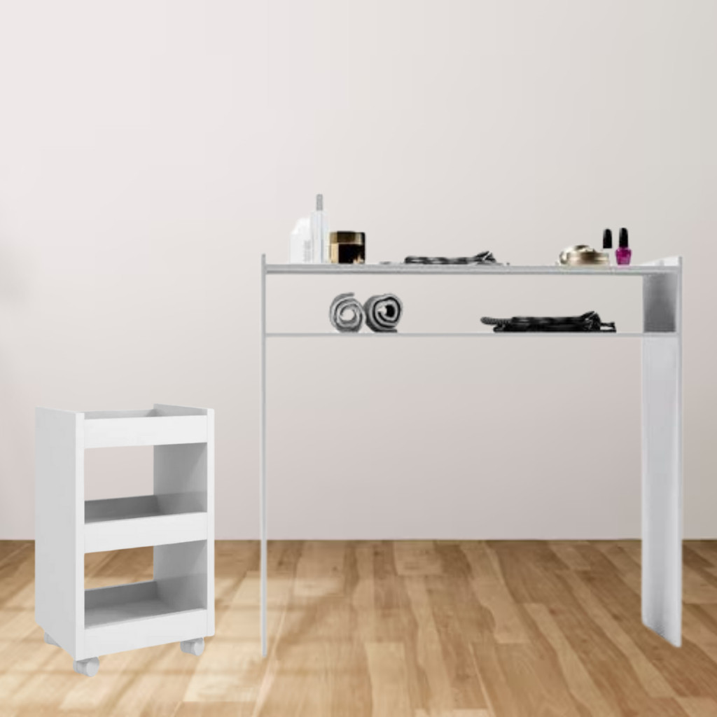 Kit Mesa Branca Com Prateleira e Carrinho Auxiliar Branco Com Rodinhas Para Manicure