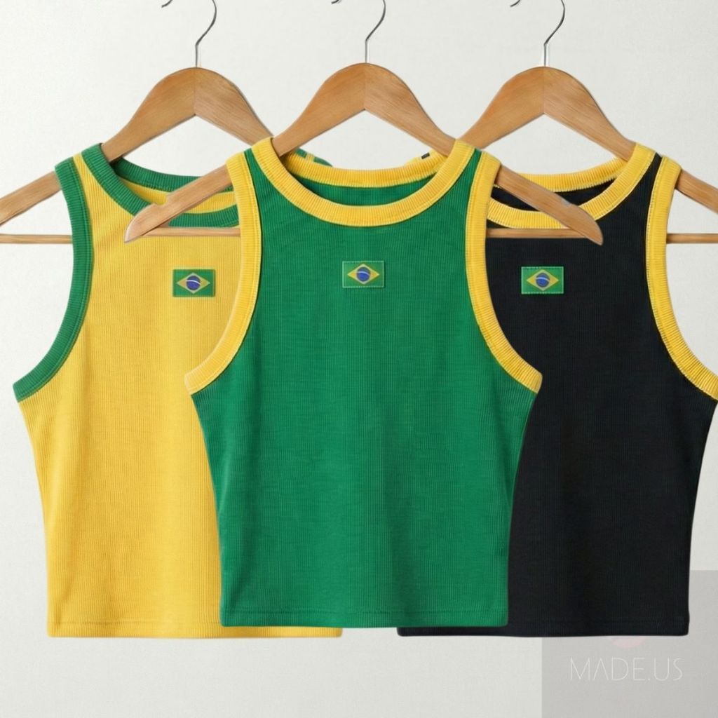KIT 3 Regatas Cropped do Brasil Feminina Ribana Copa Bandeira BORDADA