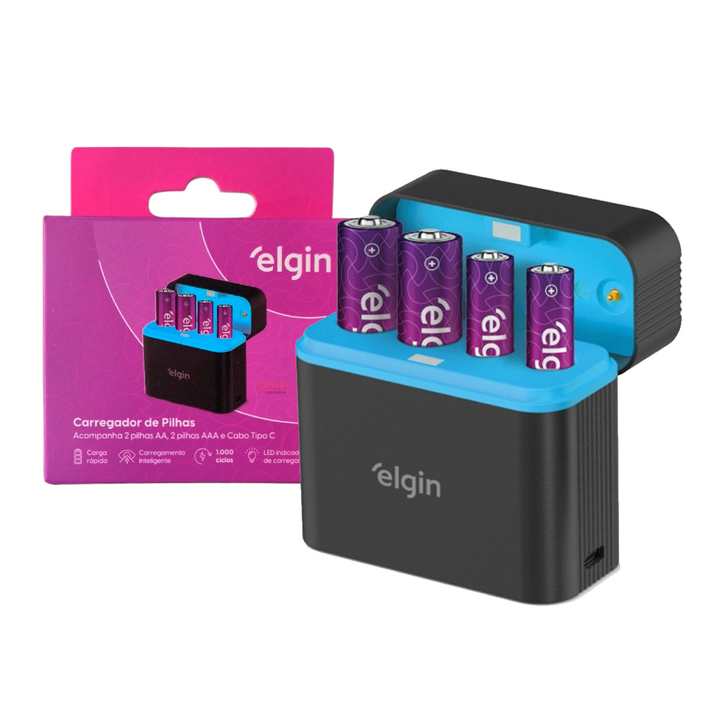 Carregador De Pilhas Recarregáveis Elgin Box Tipo C Com 4 Pilhas Recarregáveis 2aa 2aaa