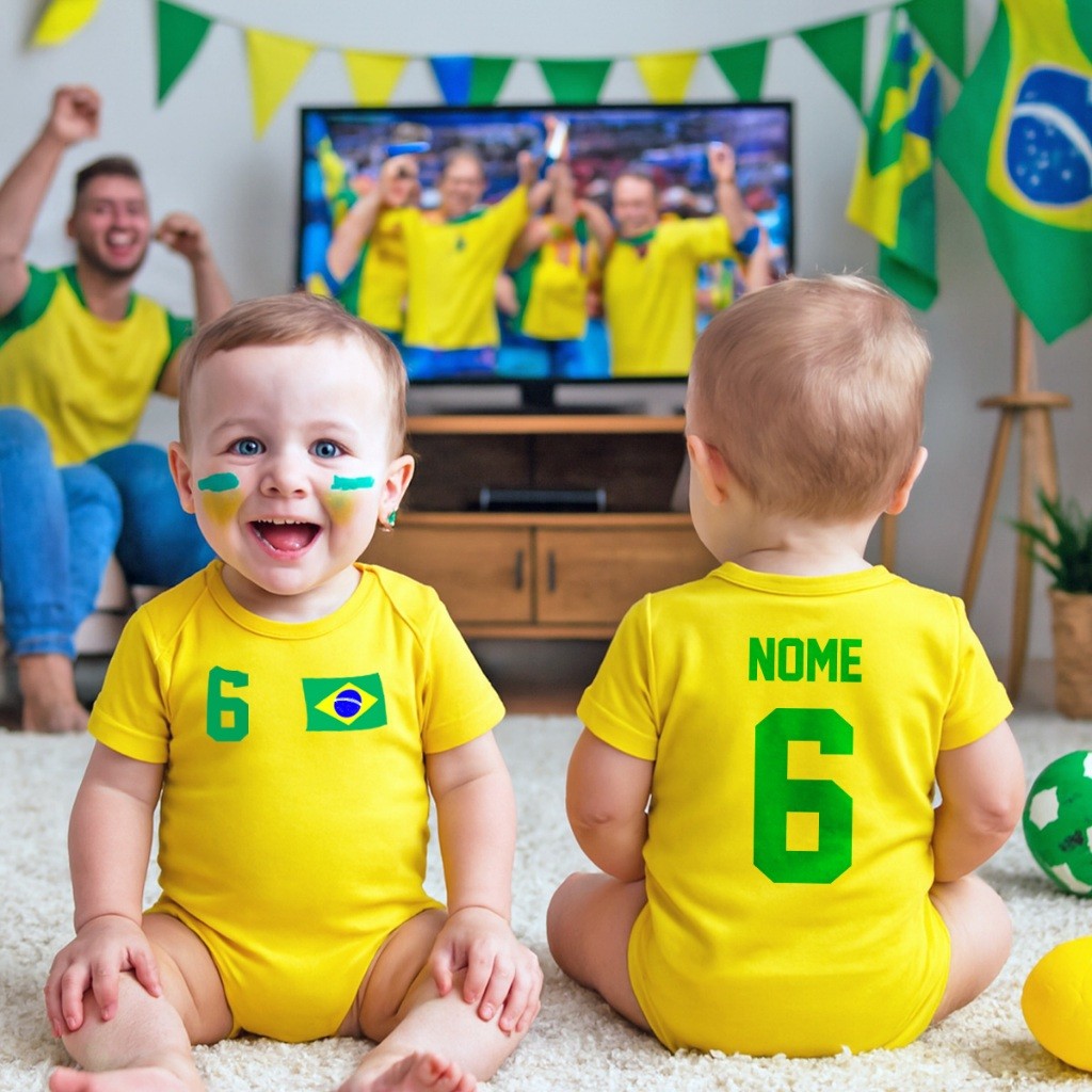 Body Bebê Algodão Estampa Brasil Nome e Número Personalizado