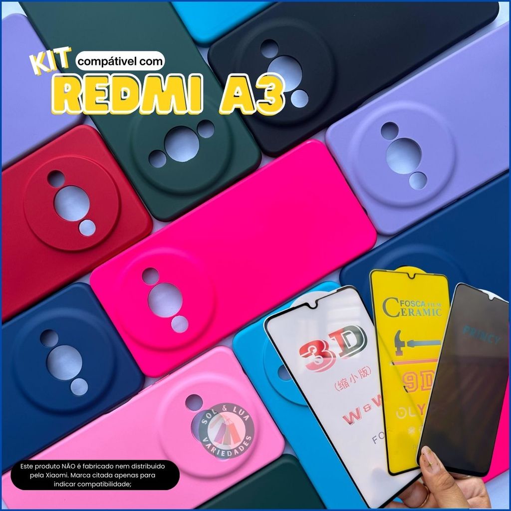 Kit Capa Capinha compatível com Redmi A3 + Película 3D Cerâmica Privacidade Câme