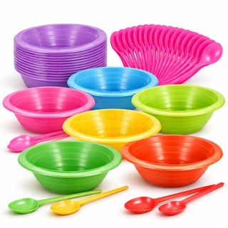 Kit Cumbuca Prato Fundo 15cm Descartável Colorida Colher 100Un Colher Sorvete Açaí Canjica Festa Aniversário em Oferta na Shopee