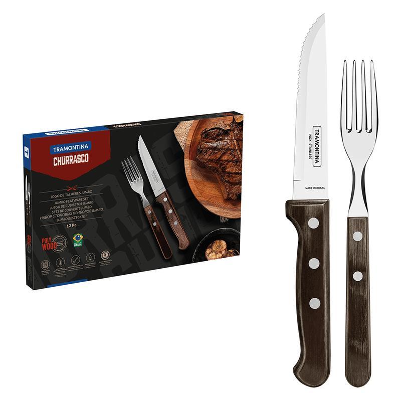 Faqueiro Tramontina Churrasco Jumbo 12 Peças, em Aço Inox com Cabo Polywood Castanho - 21198/976 em Oferta na Shopee