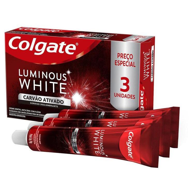 Kit Creme Dental Colgate Luminous White Carvão Ativado Com 3 Unidades em Oferta na Shopee