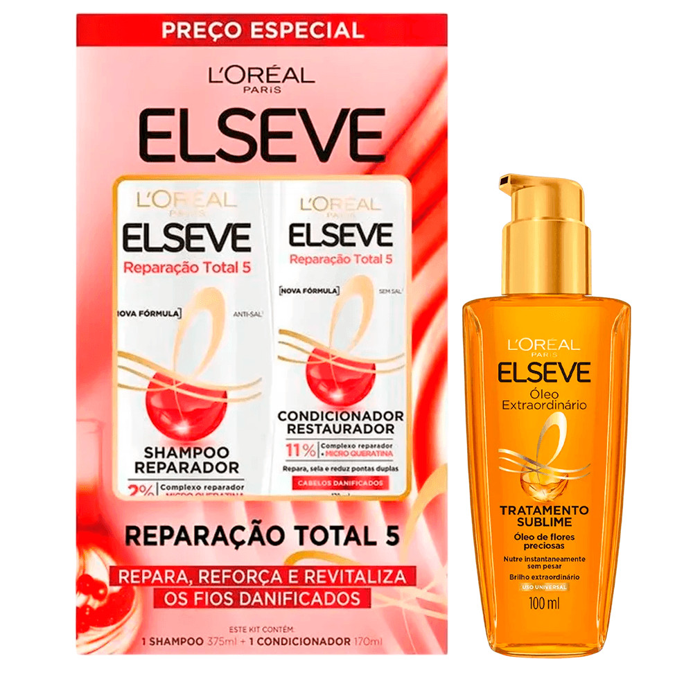 Kit Elseve Kit Shampoo 375ml + Condicionador Reparação Total 5 170ml + Óleo Extraordinário 100ml em Oferta na Shopee