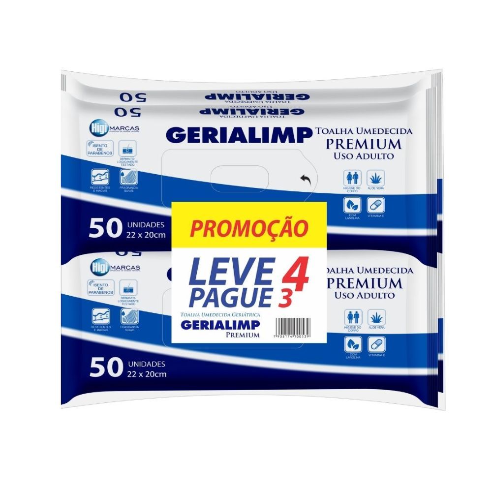 Toalha Umedecida Gerialimp Premium com 4 Pacotes de 50 Unidades cada