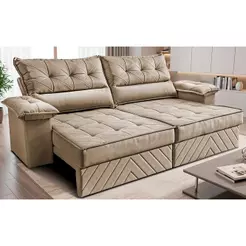 Sofá Retrátil e Reclinável 2,80m com Molas e Espuma D33 Thunder Velusoft Bege Cama inBox