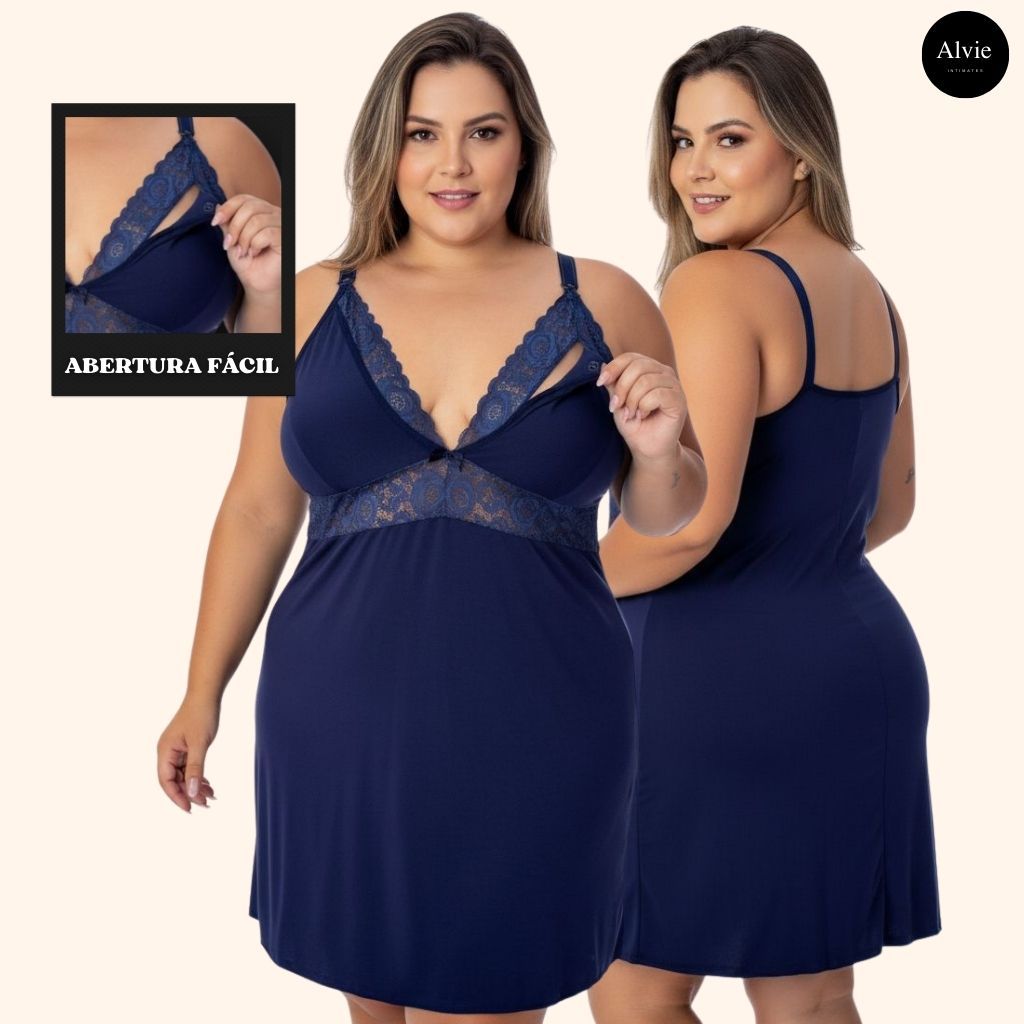 Camisola Plus Size Amamentação Maternidade Abertura Fácil com Click Pijama Confortável