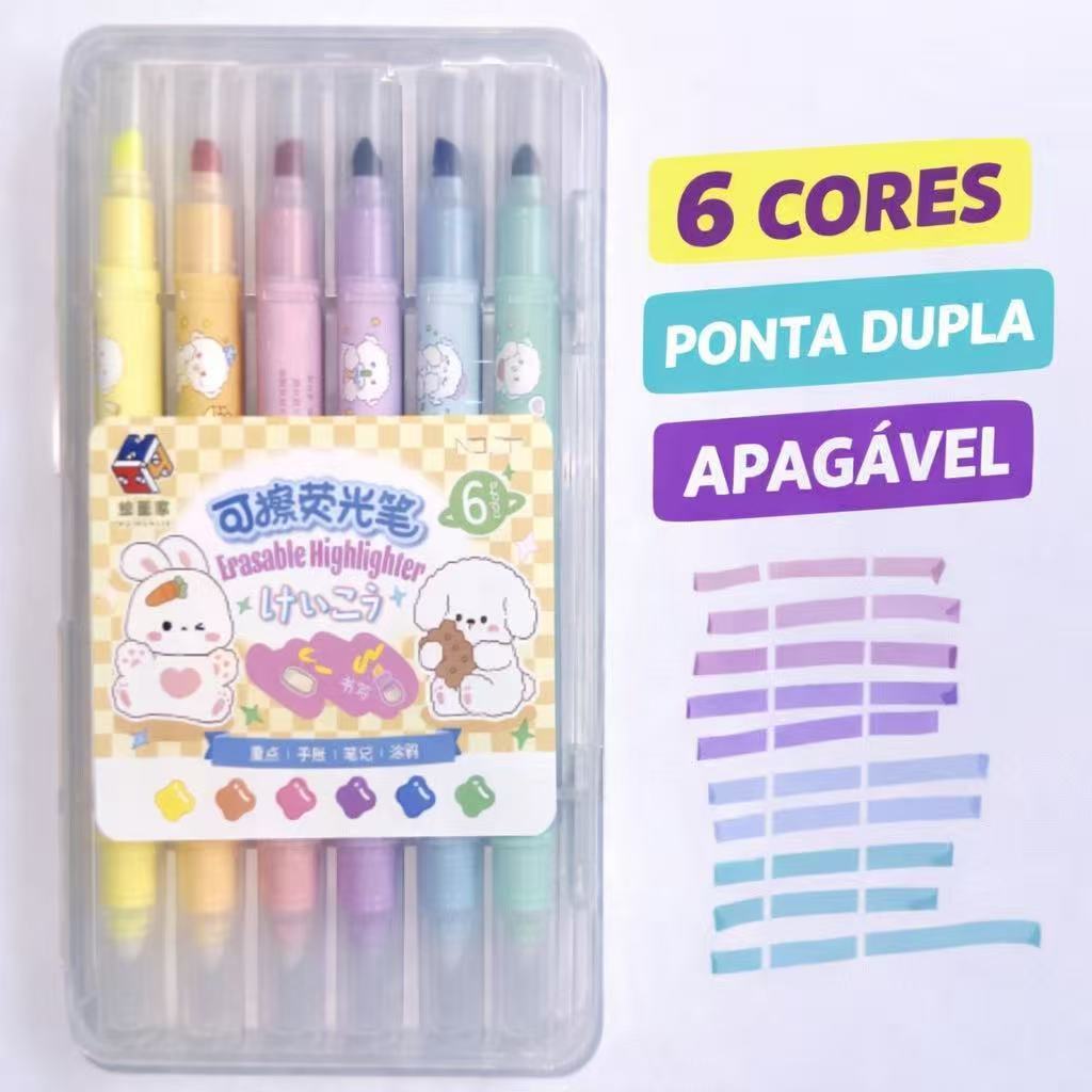 Marca Texto Apagável Com 6 cores Caneta Kit com 6 Peças  duas pontas caneta destaque escolar Multicores