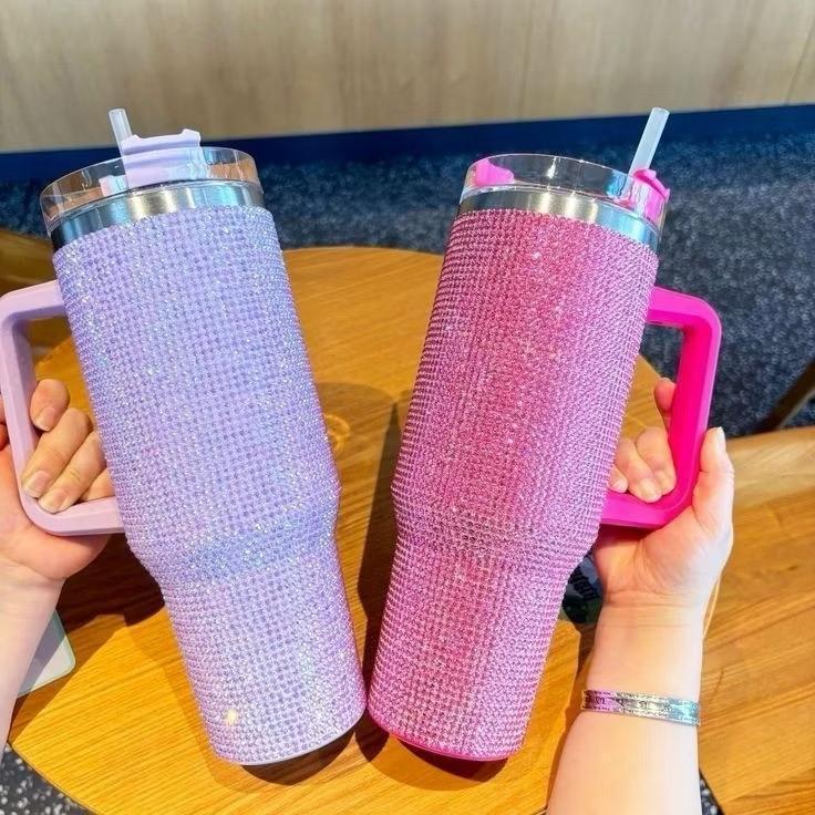 copo Térmico 1200ml Copo Com Strass Brilhante Com Alça Tampa E Canudo de Plastico ou metal