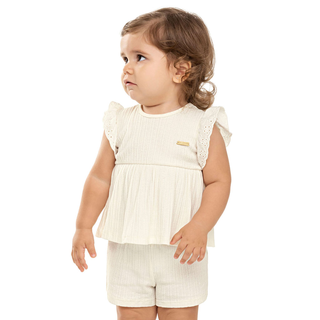 Conjunto Bebê Menina Malha Canelada Colorittá Bege