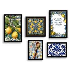 kit 5 quadros decorativos home cozinha decoração de parede limão azul branco madeira mds