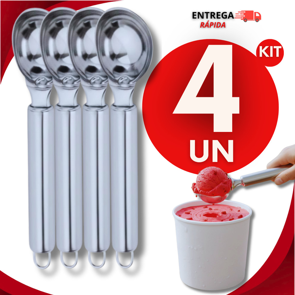 Conjunto 04 Colheres Pegador De Sorvete Aço Inox Prata Açai Sorveteria Gelato Massa Sobremesa Qualidade Utilidades